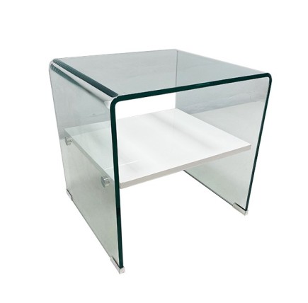 Mesa CORIN, cristal curvado, estante blanco 50x45 cms