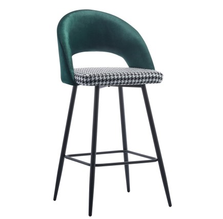 Taburete CLEO, metal, tapizado verde con pata de gallo
