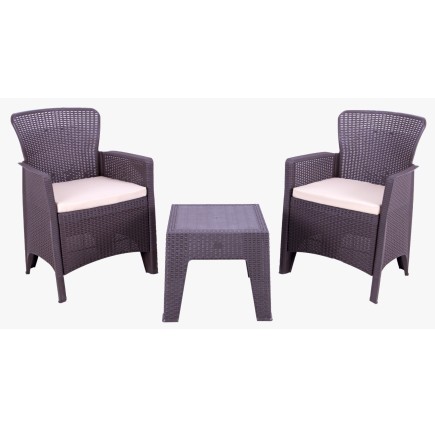 Set EVERLY, 2 sillones y mesa baja, polipropileno marrón, cojín beige