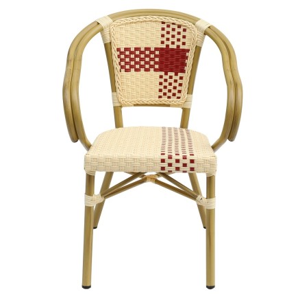 Sillón GARNIER, apilable, aluminio, ratán beige y rojo