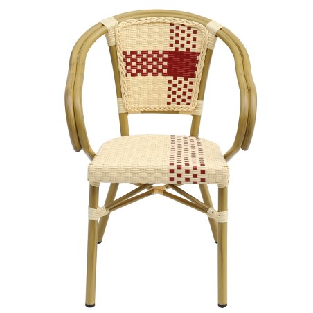 Sillón GARNIER, apilable, aluminio, ratán beige y rojo