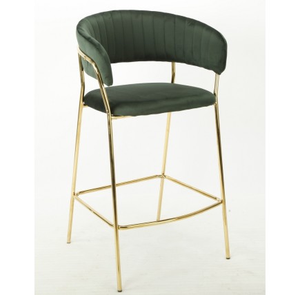 Taburete KEFREN, metal, cromado dorado, tapizado velvet verde oscuro