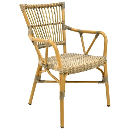 Sillón PAROS, apilable, aluminio, ratán marrón y gris