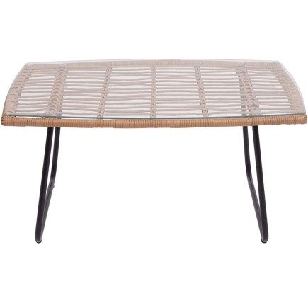 Mesa LEBENG, baja, metal, ratán, cristal, 90 x 50 cms