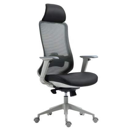 Sillón de oficina ARANJUEZ, alto, gris, ergonómico, multifunción, malla y asiento negro
