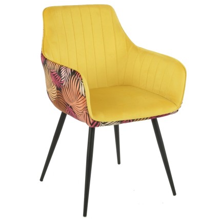 Sillón DEVA, metal, tapizado velvet amarillo con trasera floral a juego