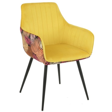 Sillón DEVA, metal, tapizado velvet amarillo con trasera floral a juego