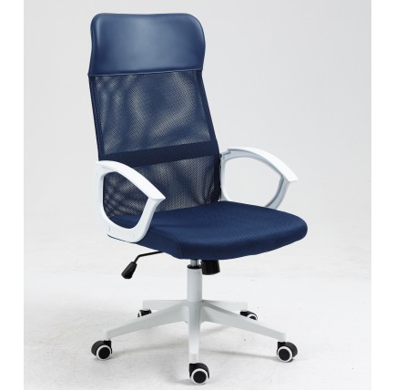 Sillón de oficina VERTON, blanco, malla y asiento azul oscuro