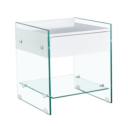 Mesa DARLING, cristal templado, cajón blanco, 45 x 45 cms