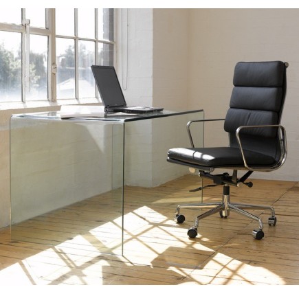 Mesa APOLO (SU), cristal curvado transparente, 125 x 70 cms