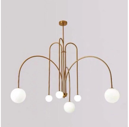 Lámpara MOERS, colgante, metal, dorada vintage, tulipa blanca