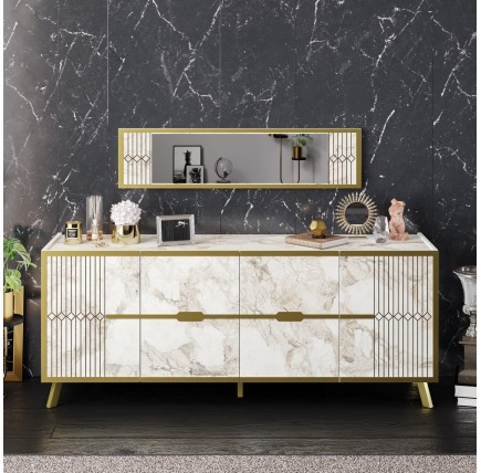 Aparador ELOISE, biIaminado mármol blanco con detalles dorados, 180 cms.