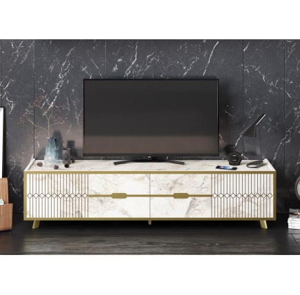 Mueble de TV ELOISE, biIaminado mármol blanco con detalles dorados, 180 cms.