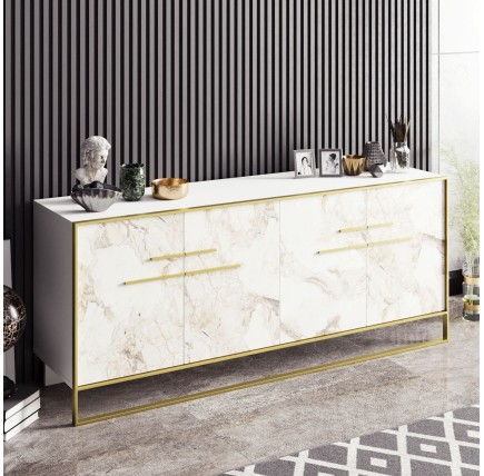 Aparador SIENA, biIaminado mármol blanco con metal dorado, 180 cms.