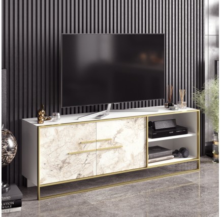 Mueble de TV SIENA, biIaminado mármol blanco con metal dorado, 160 cms.