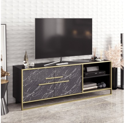 Mueble de TV SIENA, biIaminado mármol negro con metal dorado, 160 cms.