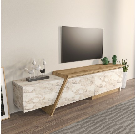 Mueble de TV PRUDENCE, biIaminado mármol blanco con roble, 180 cms.