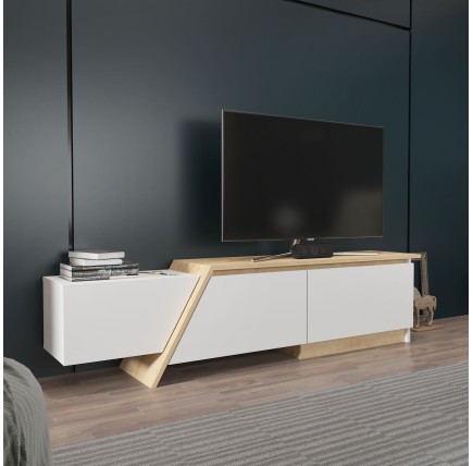 Mueble de TV PRUDENCE, biIaminado blanco con roble, 180 cms.