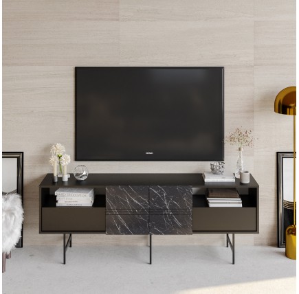 Mueble de TV SIMON, biIaminado mármol negro, 180 cms.