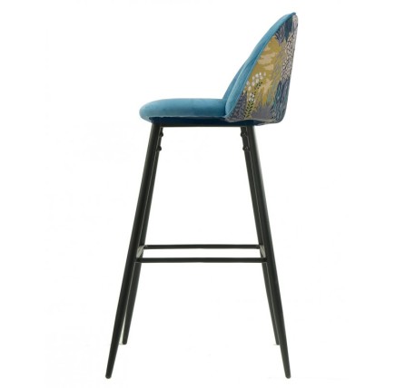 Taburete PALM SKY BLUE, metal, tapizado velvet azul con trasera palm