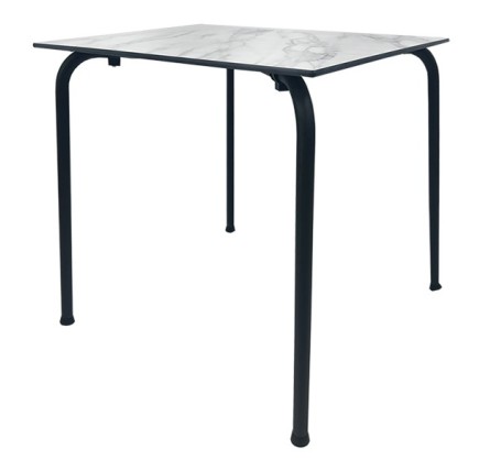 Mesa FERAY, apilable, epoxi color negro, tablero fenólico mármol blanco 69 x 69 cms.