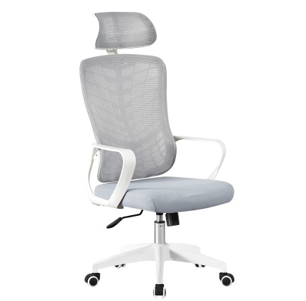 Sillón de oficina MELLAC, alto, blanco, malla y asiento gris